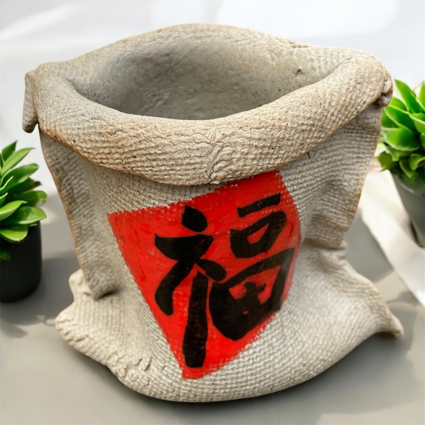 Lucky Fortune Bag Ceramic Succulent Pot – Handcrafted with 福 (Fortune) Character