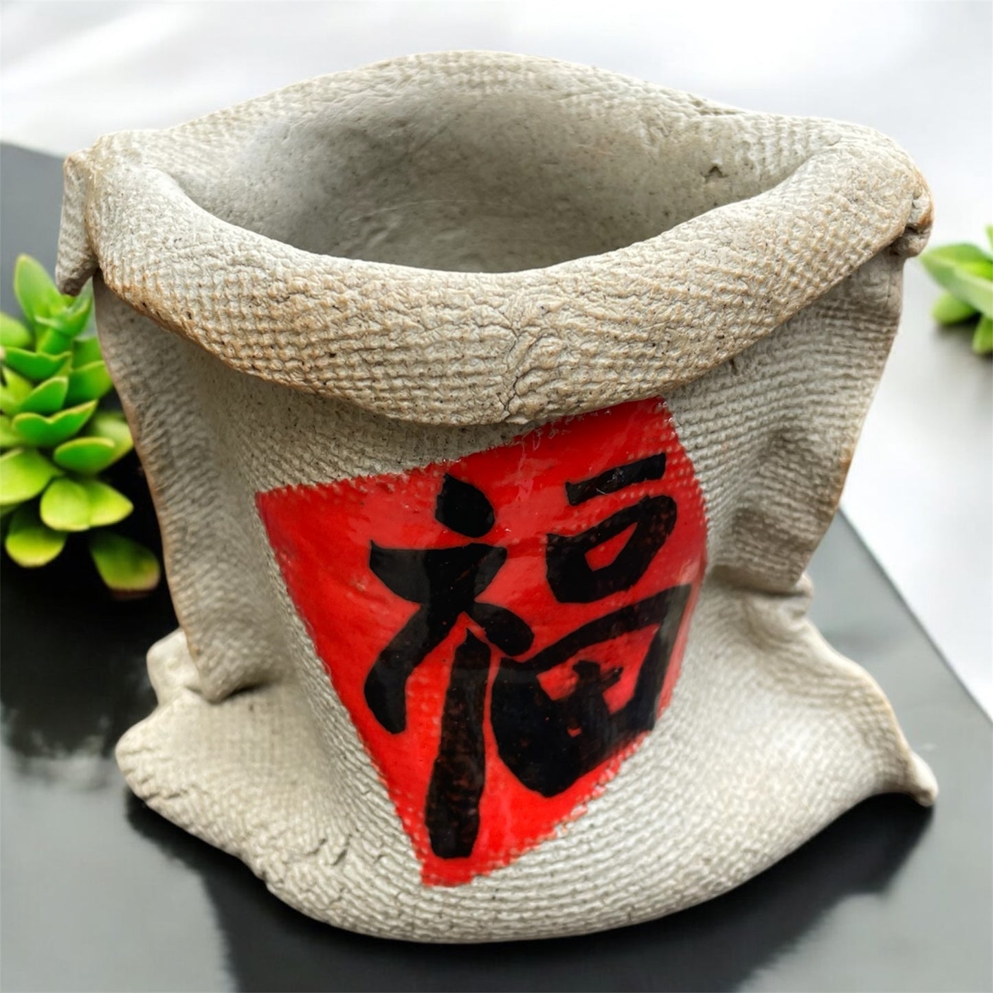 Lucky Fortune Bag Ceramic Succulent Pot – Handcrafted with 福 (Fortune) Character