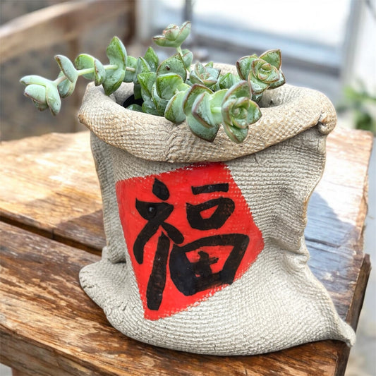 Lucky Fortune Bag Ceramic Succulent Pot – Handcrafted with 福 (Fortune) Character