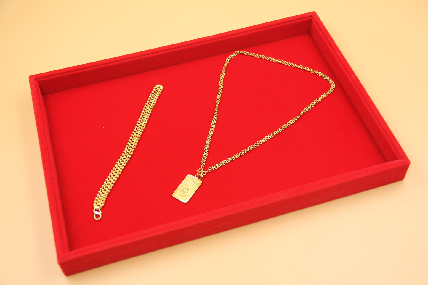 Red Velvet Jewelry Gold Display Tray - Ring Bracelet Earring Pendant Necklace Showcase