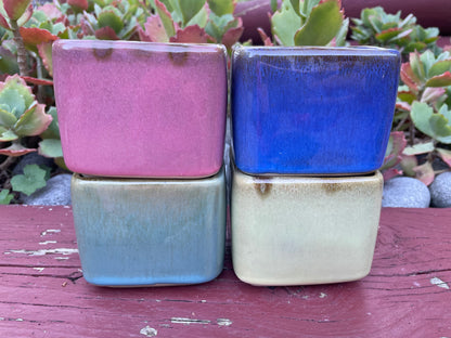 Set of 4 Glazed Ceramic Succulent Cactus Planters Square with four Colours - Perfect Home Office Gift