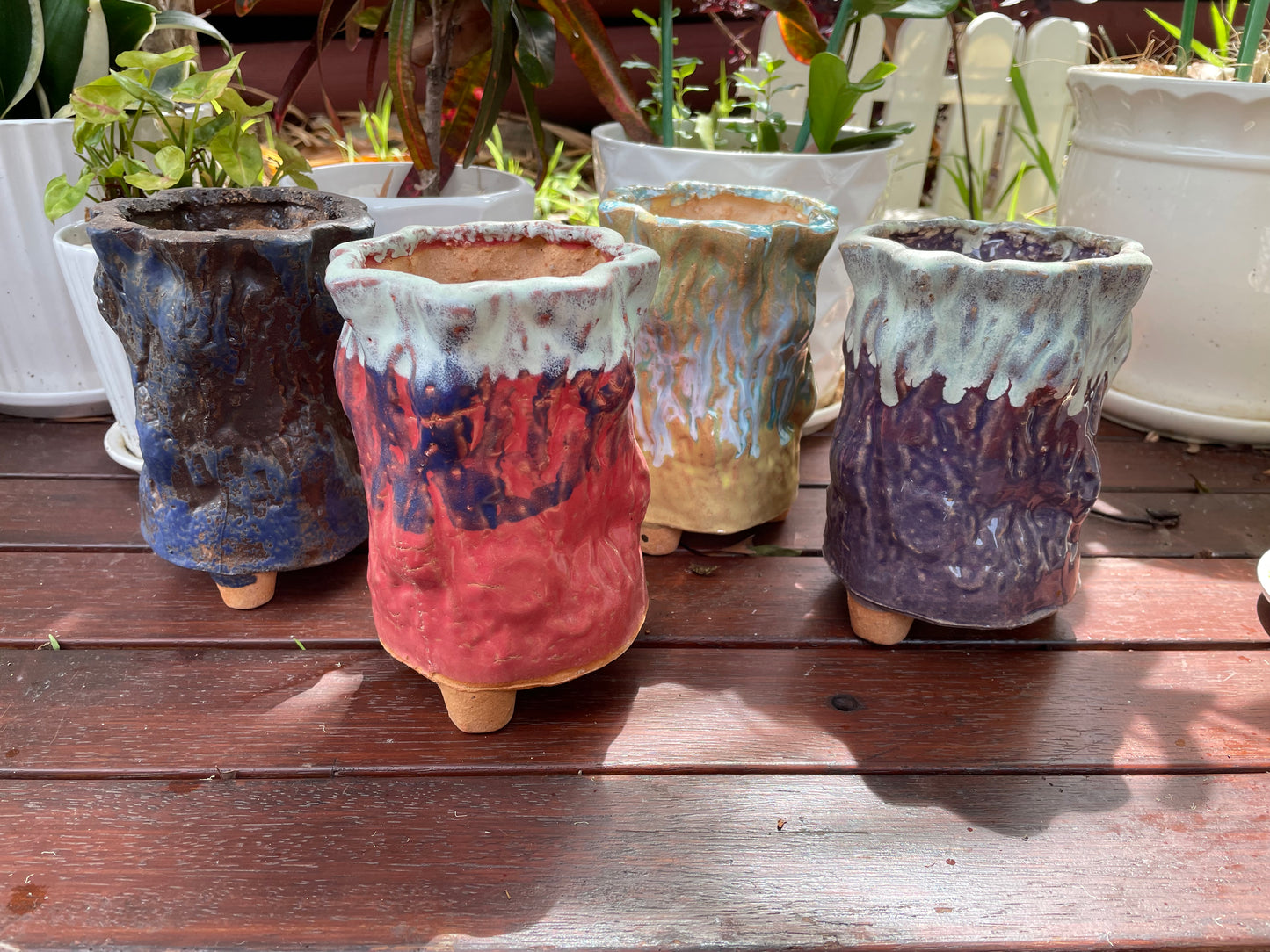 Set of 4 Succulent Ceramic Pots - Tree Bark Pattern, Clay Mixed Maifan Stone, Breathable Design