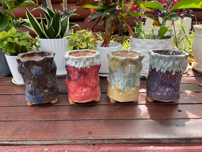 Set of 4 Succulent Ceramic Pots - Tree Bark Pattern, Clay Mixed Maifan Stone, Breathable Design