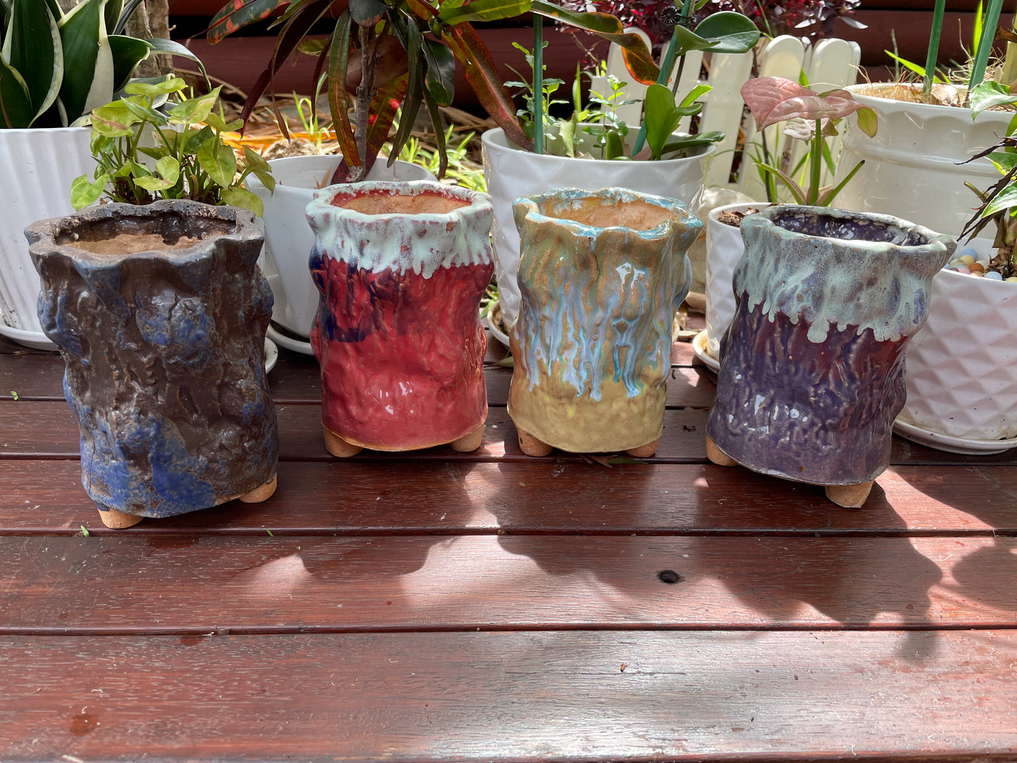 Set of 4 Succulent Ceramic Pots - Tree Bark Pattern, Clay Mixed Maifan Stone, Breathable Design