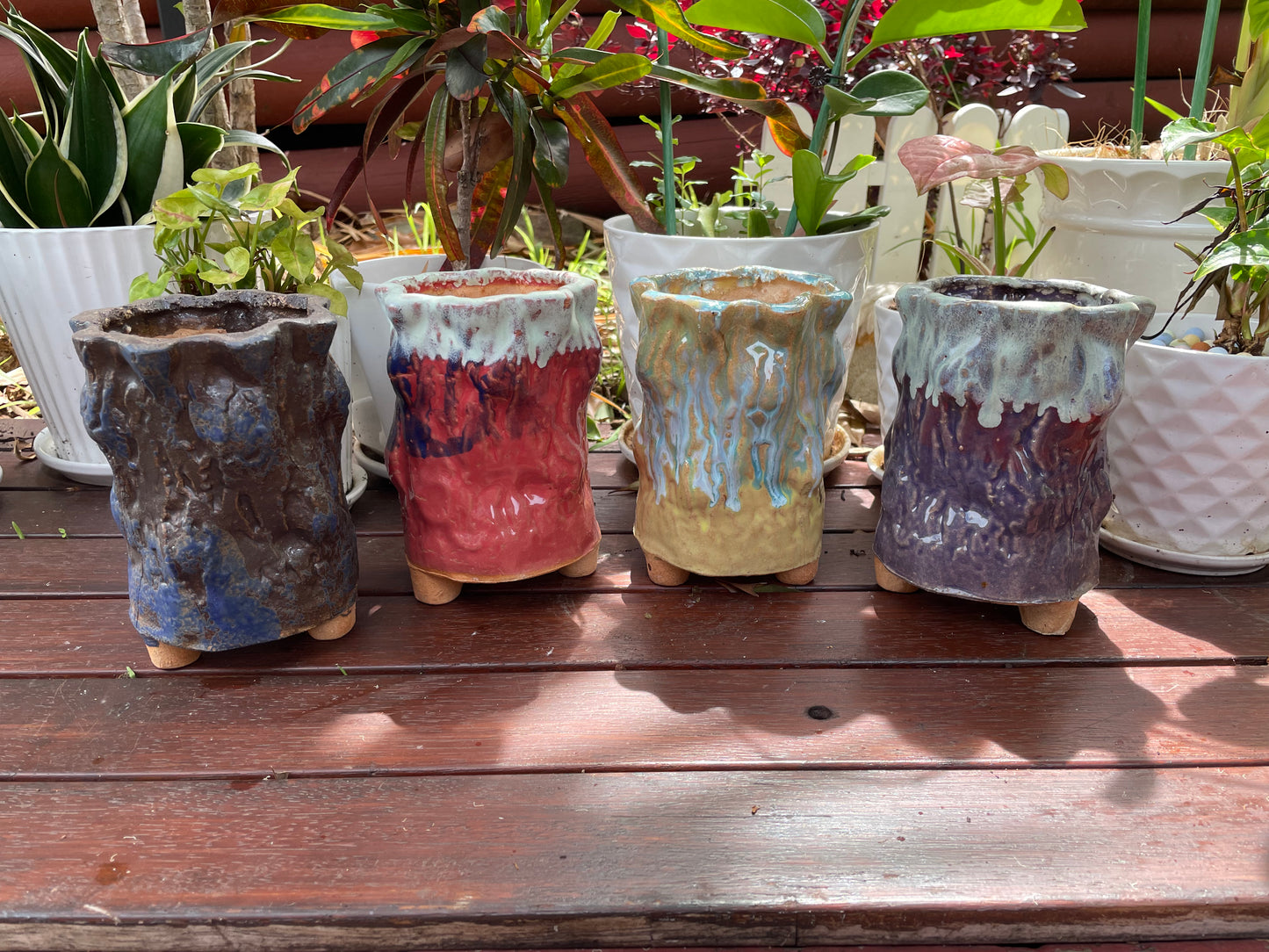 Set of 4 Succulent Ceramic Pots - Tree Bark Pattern, Clay Mixed Maifan Stone, Breathable Design