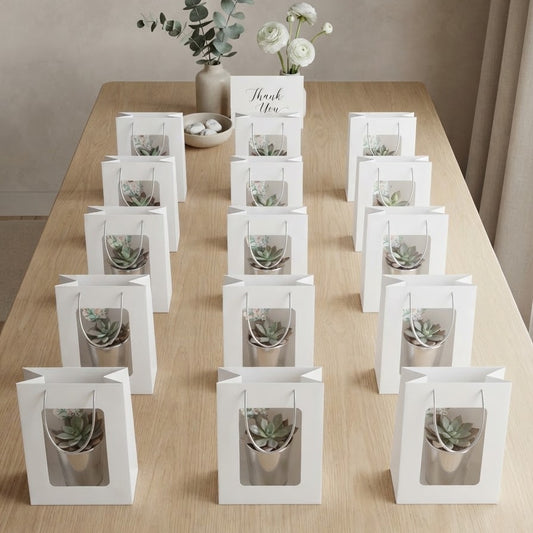 Elegant Succulent Wedding Favours | 7cm Silver Glass Vase & White Kraft Gift Bag | Custom Tags | Local Pickup