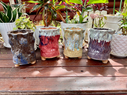 Set of 4 Succulent Ceramic Pots - Tree Bark Pattern, Clay Mixed Maifan Stone, Breathable Design