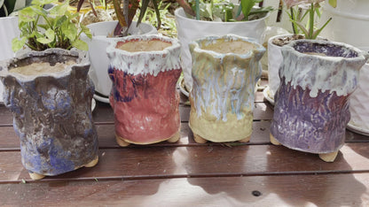 Set of 4 Succulent Ceramic Pots - Tree Bark Pattern, Clay Mixed Maifan Stone, Breathable Design