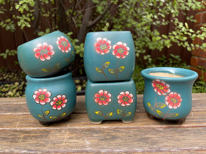 Green Ceramic Pots Floral Pattern Succulent Cactus Pots Draining Hole