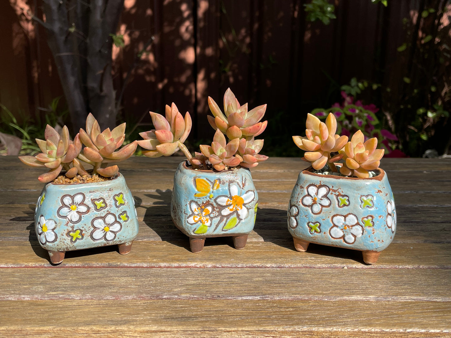 7x Mini Pots Blue Handmade Glazed Ceramic Succulent Cactus Planter Draining With Feet