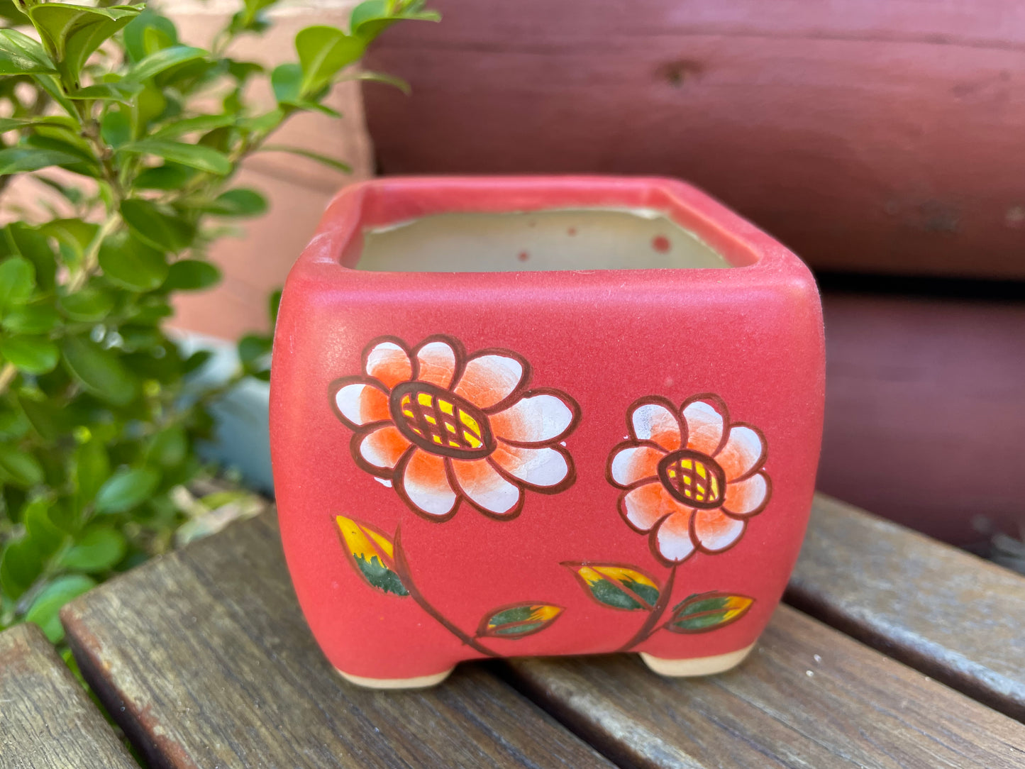 Red Ceramic Pots Floral Pattern Succulent Cactus Pots Draining Hole