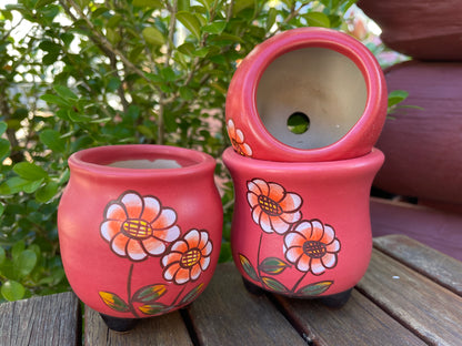 Red Ceramic Pots Floral Pattern Succulent Cactus Pots Draining Hole