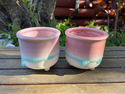 2x Pink & light purple pots with feet draining hole ceramic glazed ice crack succulent cactus planter