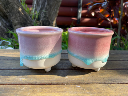 2x Pink & light purple pots with feet draining hole ceramic glazed ice crack succulent cactus planter