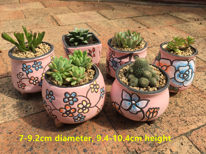 Pink Ceramic Pots with Feet Hand Painted Succulent Cactus Planter Set pf 6