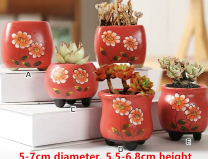 Red Ceramic Pots Floral Pattern Succulent Cactus Pots Draining Hole