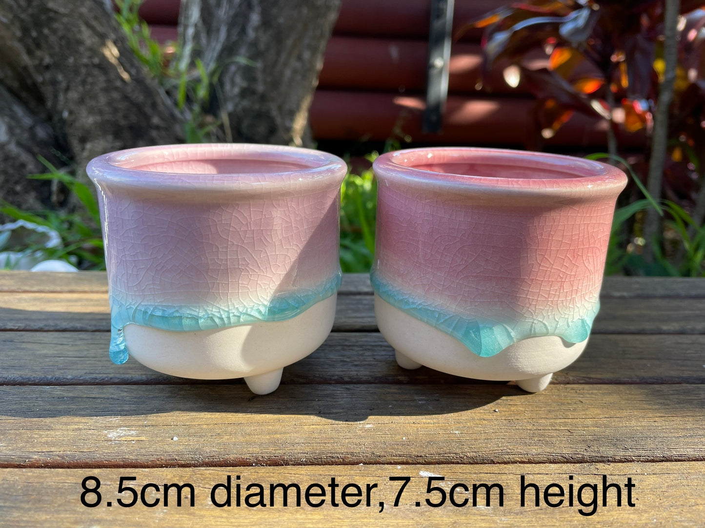 2x Pink & light purple pots with feet draining hole ceramic glazed ice crack succulent cactus planter